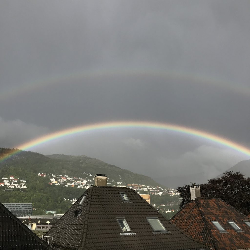 Bergen, Norway: primary and secondary rainbow on August 17, 2018. Note the "Alexander's band", the dark space between the two rainbows!